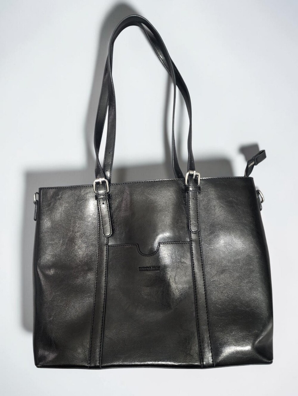 BROMEN Black Vegan Leather Laptop Work Tote Bag